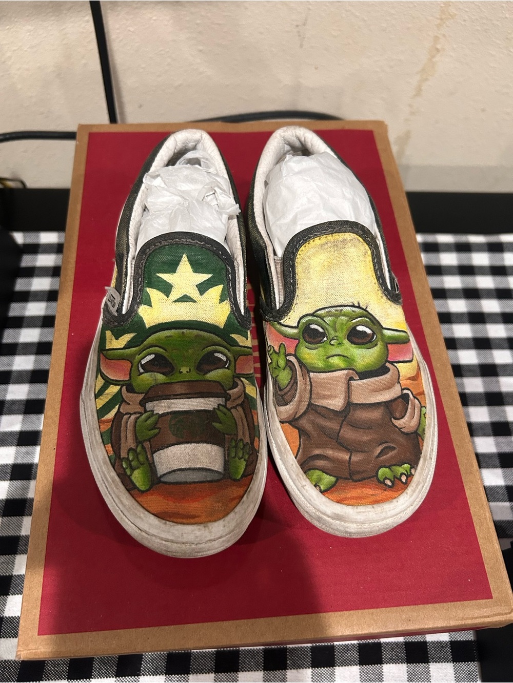 Vans Hand-Painted Green baby yoda Kids Slip-On Shoes